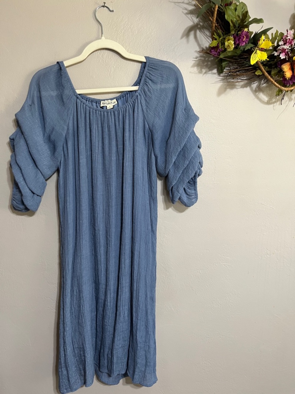 Blue Midi Peasant Dress with Gathered Sleeves
